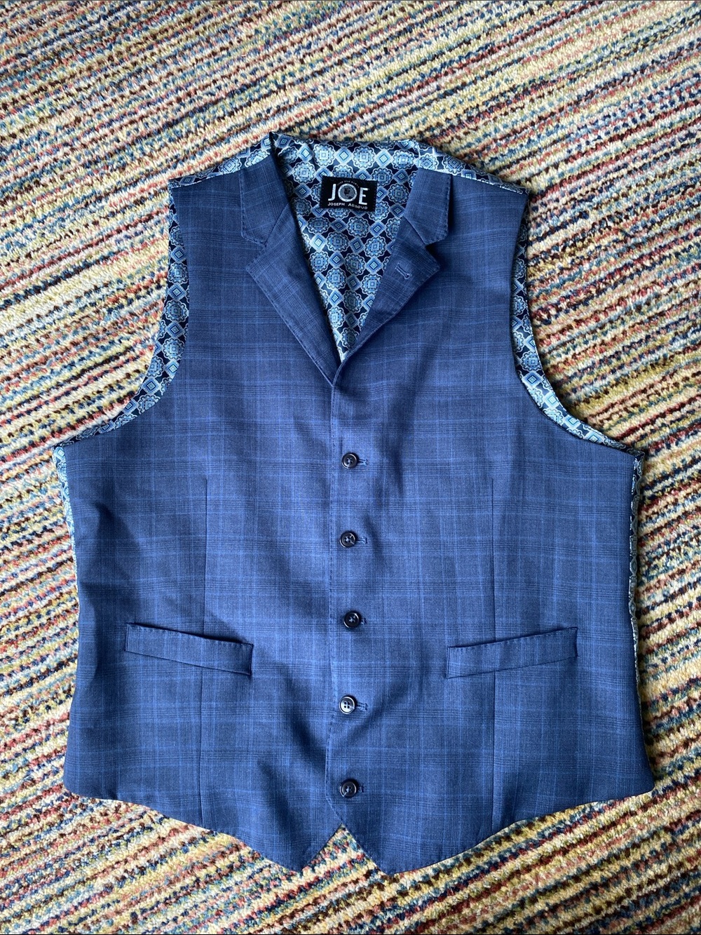 Joseph Abboud Custom Handmade Blue Checked Dress Vest with Patterned Lining